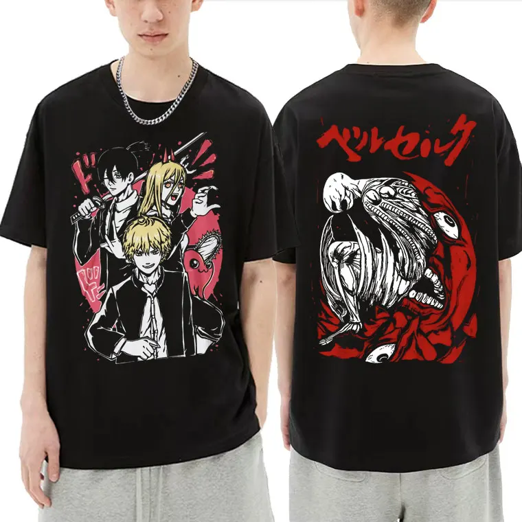 

Anime Chainsaw Man Berserk Guts and Griffith Denji Double Sided Graphic Tshirt Aki Hayakawa Kon Tee Power T-Shirt Manga T Shirt