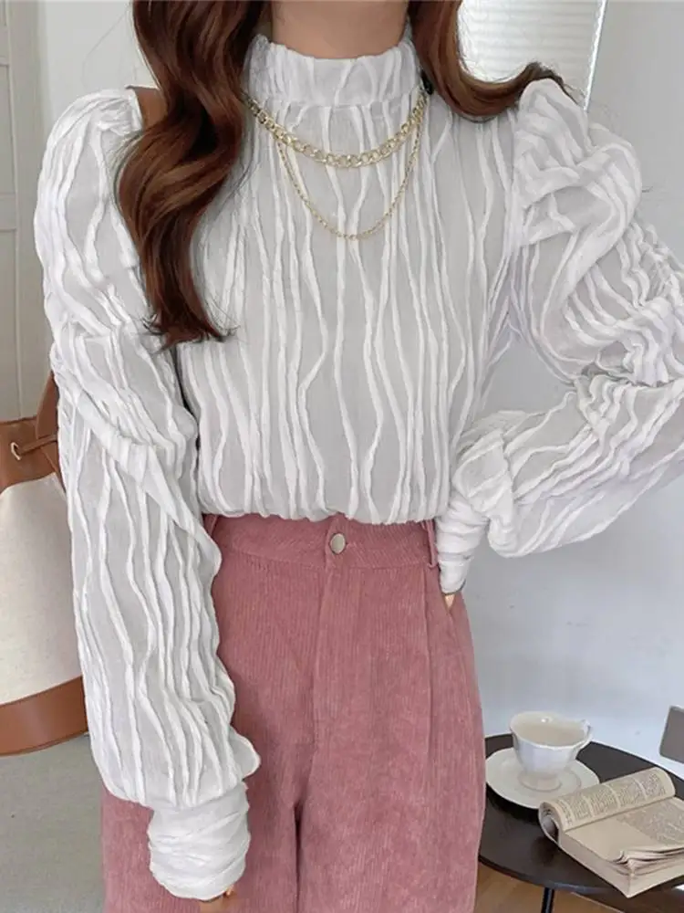 

VONDA Holiday Tops Fashion O-Neck Puff Sleeve Chemise Shirts Women Spring Long Sleeve Blouse Pleated Tops Bohemian Blusas Shirts