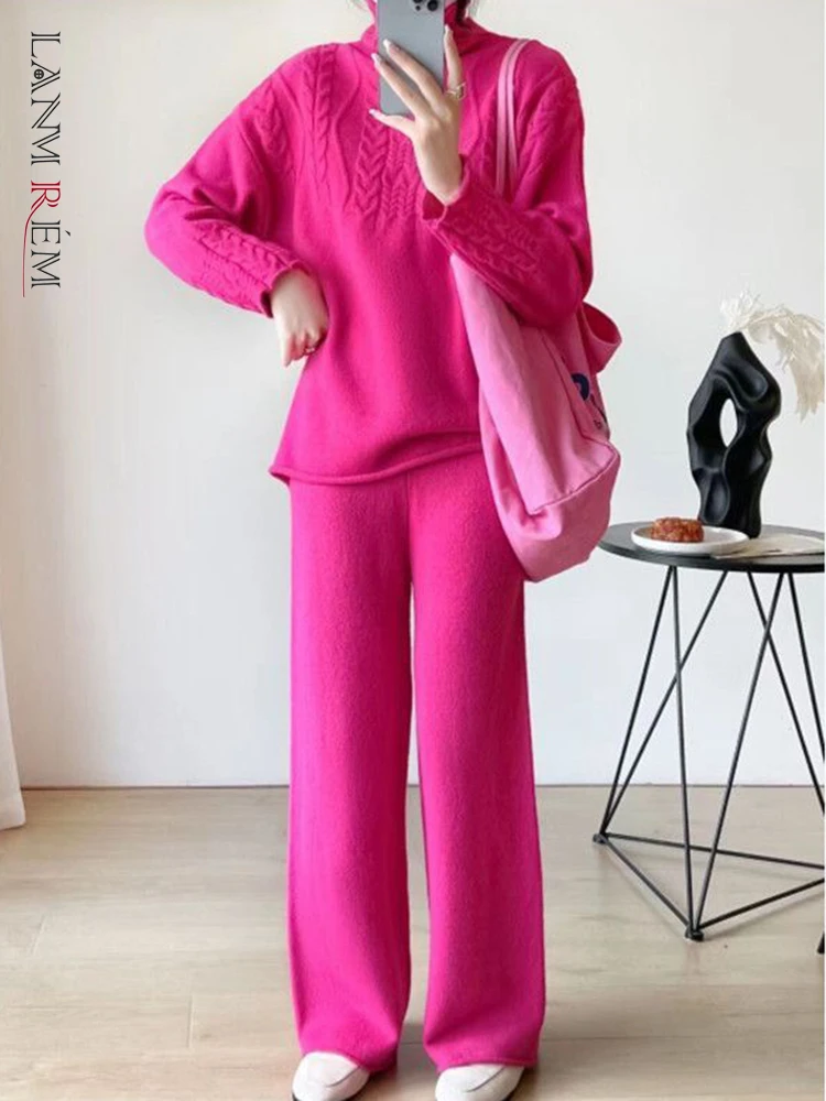 

LANMREM Женский вязаный однотонный комплект свитер с высоким воротником прямые длинные штаны с высокой талией модные комплекты 2023 зима новинка 2AA2516