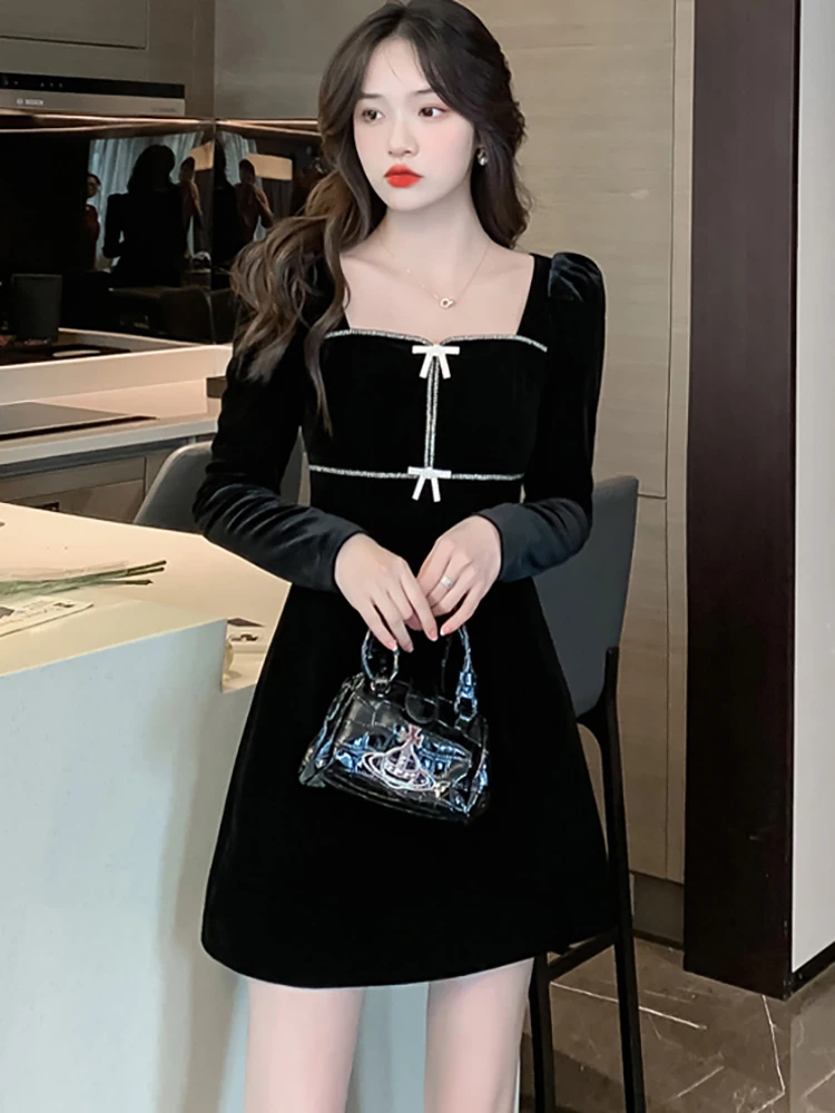 

Autumn Winter Black Velvet Prom Sexy Mini Dress Women Fashion Bow Y2k Chic Dress 2023 Korean Vintage Elegant Party Night Dresses