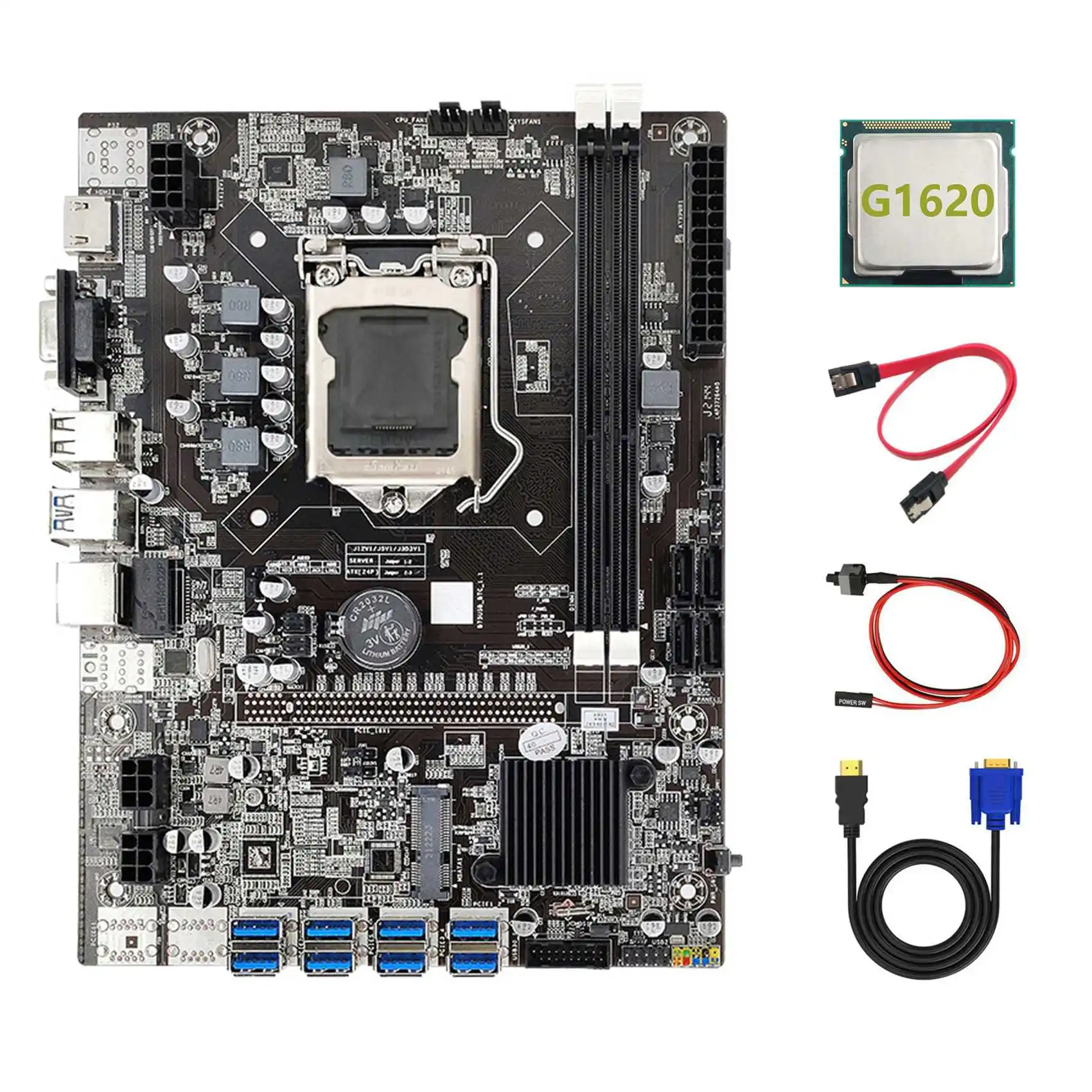 B75 ETH Mining Motherboard 8XPCIE to USB+G1620 CPU+HD to VGA Cable+SATA Cable+Switch Cable LGA1155 B75 USB Motherboard