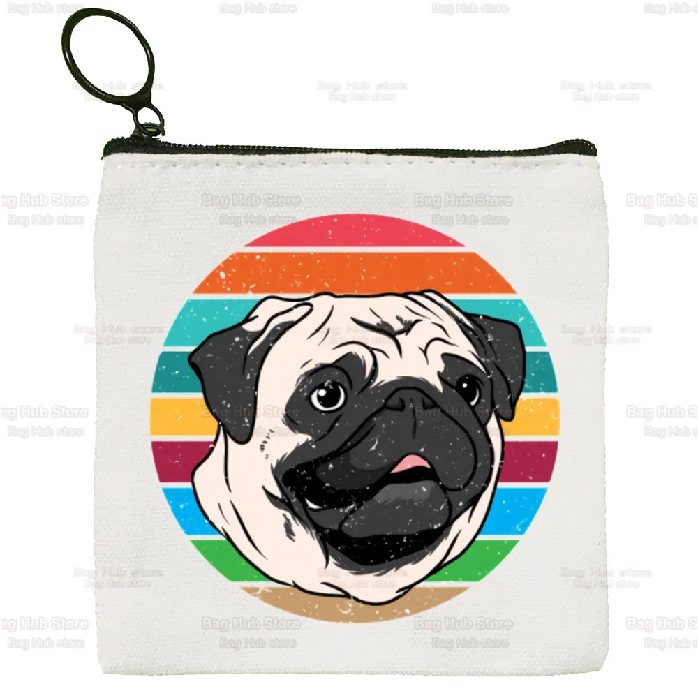 Pug Anatomy Canvas Coin Purse Canvas Bag Small Square Bag Cute Cartoon Dog Pet Key Bag Storage Bag Card Bag Cartoon Coin Bag