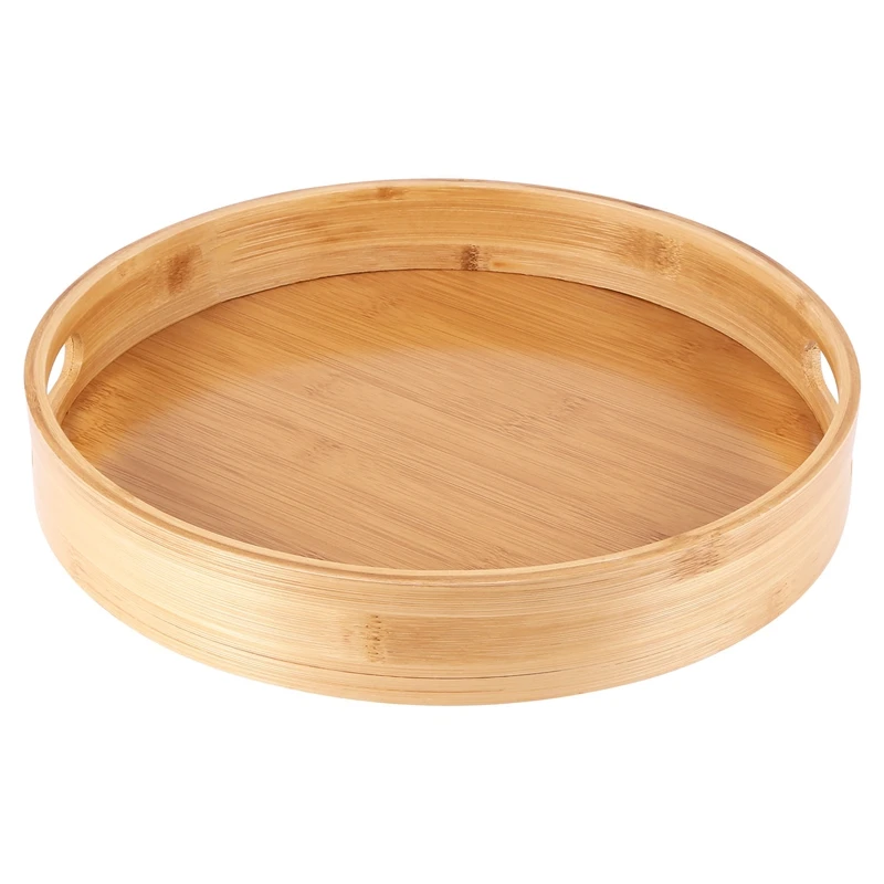 

Round Serving Bamboo Wooden Tray For Dinner Trays Tea Bar Breakfast Food Container Handle Storage Tray