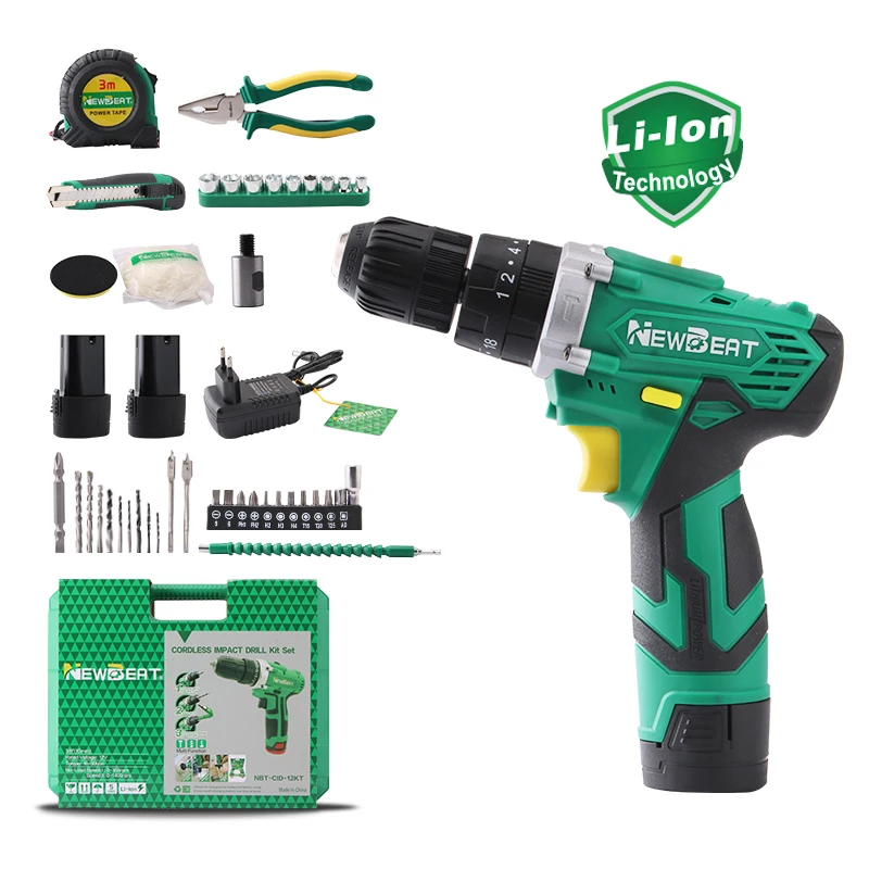 

Промышленная беспроводная ударная дрель NewBeat DIY, электроинструменты OEM 12 В, 2 шт., аккумулятор 350-1400 об/мин, 40 шт./комплект