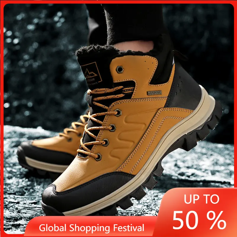 

2022 Winter Men Martin Boots Plush Warm Snow Boots Waterproof Outdoor Short Boots Leather Ankle Boots Men Shoes Big Size 37-47