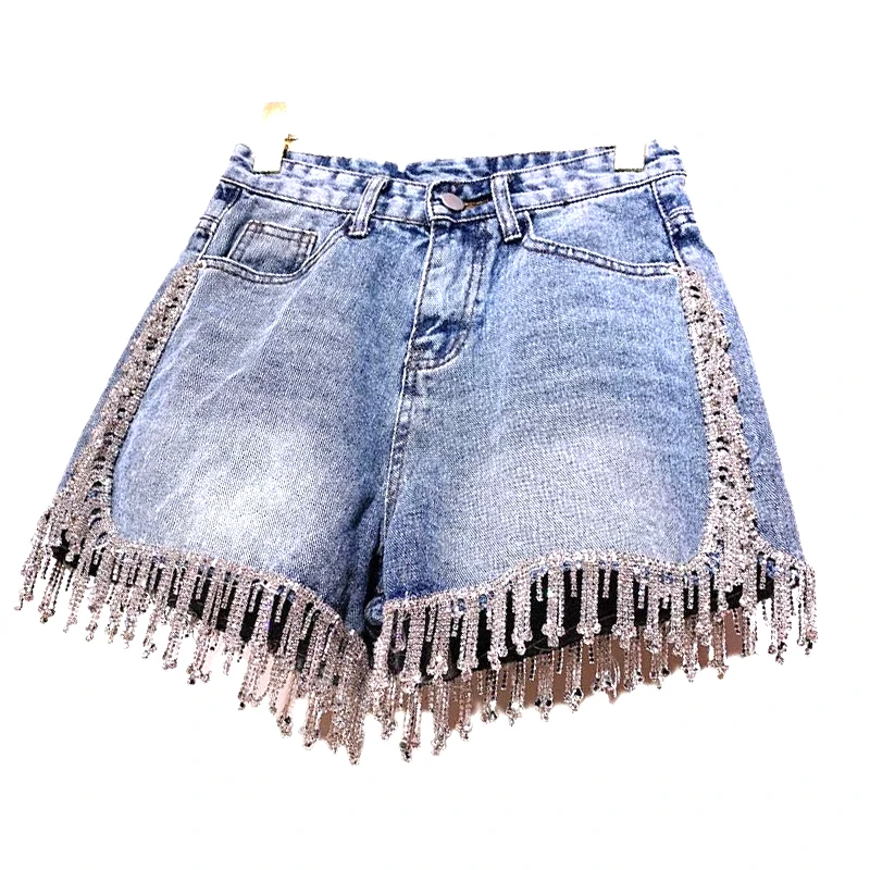 New High End Rhinestone Fringed High Waist Denim Shorts Flash Wimen's High-end Diamond Tassel Short Jeans Hot Pants 2022