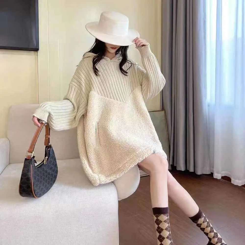 

Autumn Winter lambswool Sweatershirt Women Solid Color Patchwork Long Sleeve Hooded Pullover Jumpers Casual Vintage Pull Femme
