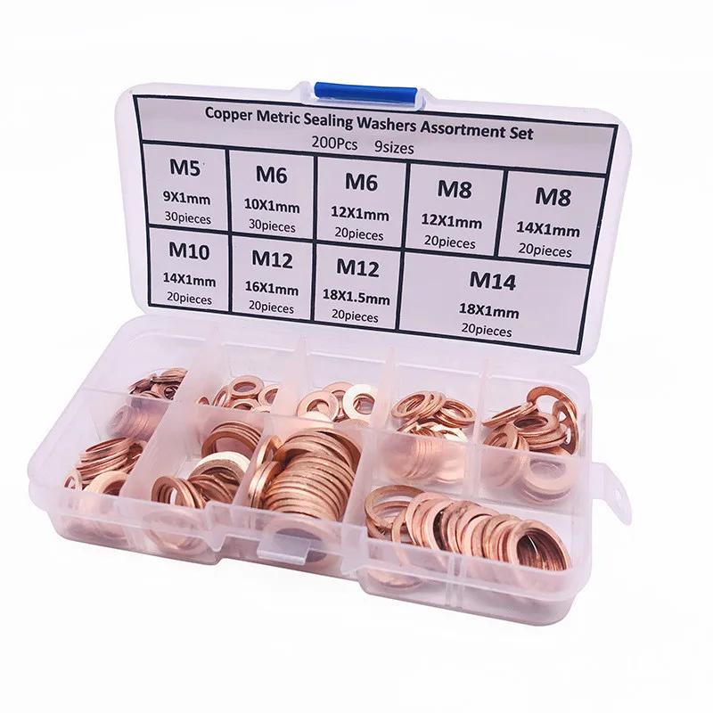 

200Pcs Copper Washer Gasket Nut and Bolt Set Flat Ring Seal Assortment Kit With Box M5/M6/M8/M10/M12/M14 for Sump Plugs Water
