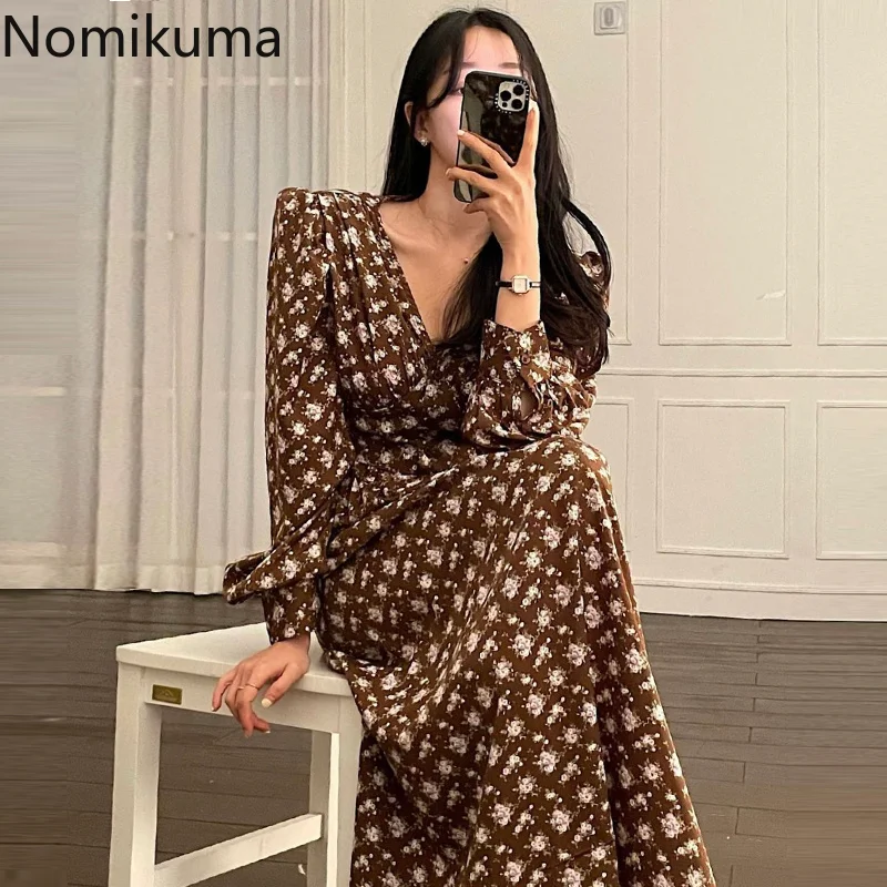 

Платье Nomikuma женское с пышными рукавами, шикарное винтажное модное элегантное платье с цветочным принтом, весна-осень 2022