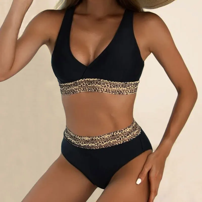 

Сексуальный комплект бикини с леопардовым принтом для женщин, купальник из двух частей, бикини с высокой талией и V-образным вырезом, женский пляжный купальный костюм с открытой спиной, купальник