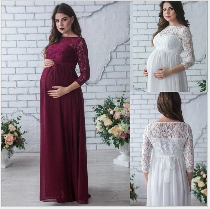 Maternity Mesh Pure Color Deep V Neck Dress 3/4 Sleeve Long Ladies Party Dress Maternity Dress Photography Props Photo