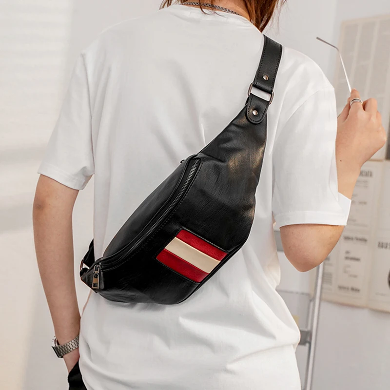 Leather Mini Sling Bags Boys Black Outdoor Sports Chest Crossbody Purse Small Motorcycle Waist Belt Purses Phone Bag for Men