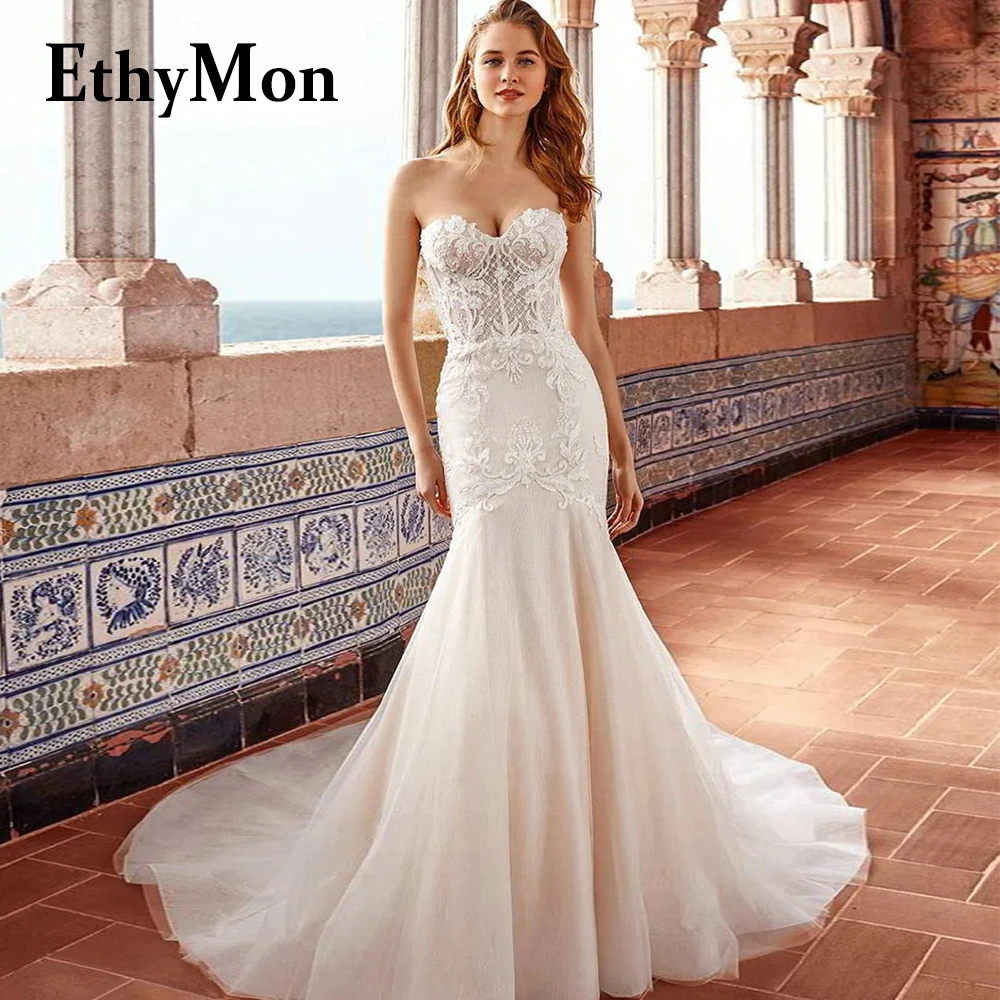 

Ethymon Classic Sweetheart Wedding Gown For Women Trumpet Lace Appliques Sleeveless Court Train Vestidos De Novia Made To Order