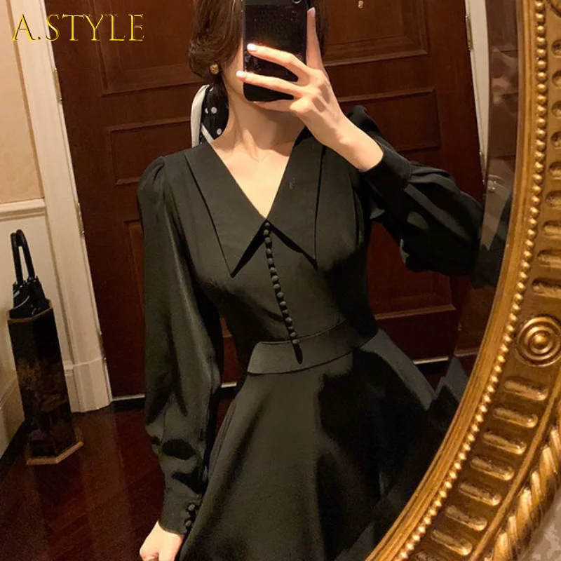 

French Vintage Midi Dresses Office Ladies Long Sleeve Retro Black Dress Women Party One Piece Dress Korean Fashion 2021 Autumn
