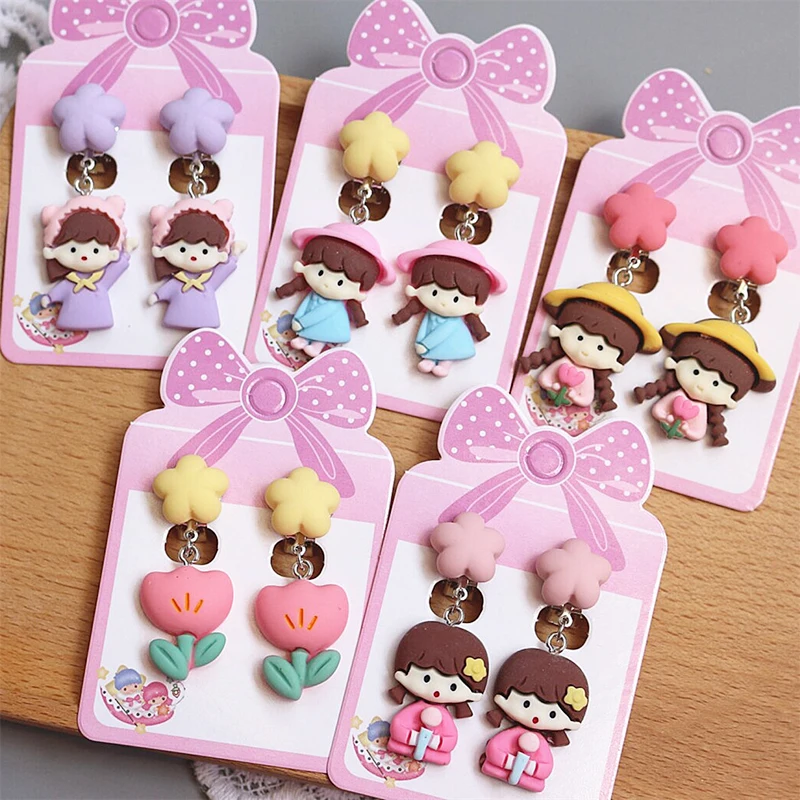 

Super Cute Flowers Girl Figure Cartoon Pink Yellow Clip on Earrings for Kids Girls No Pierced Earrings Christmas Children Gifts