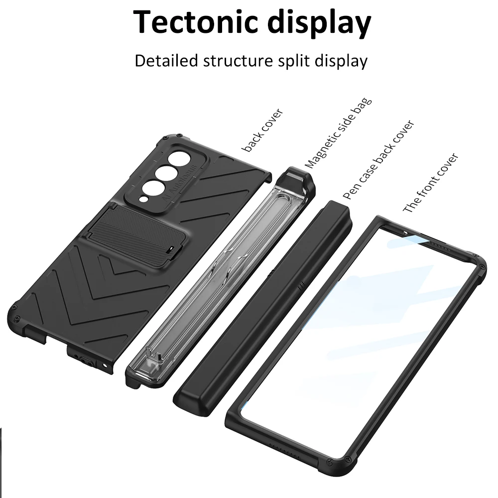 Magnetic Hinge Slide Pen Slot Case For Samsung Galaxy Z Fold3 4 5G Stand Case with Glass Film Armor Bracket Cover for Fold2 Case