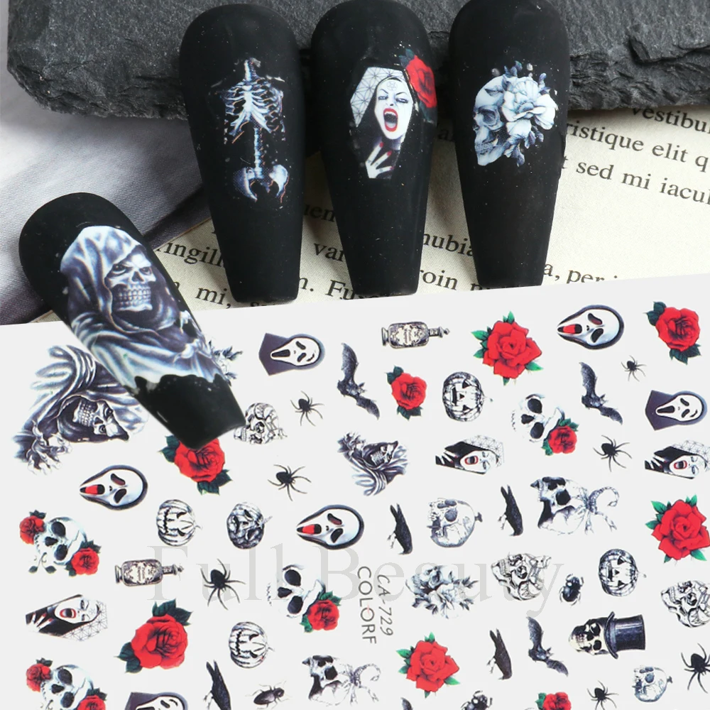 

Halloween Nail Sticker Anime Spooky Skull Sliders For Nails Horror Movie Design Ghost Pumpkin Snakes Decals Foils
