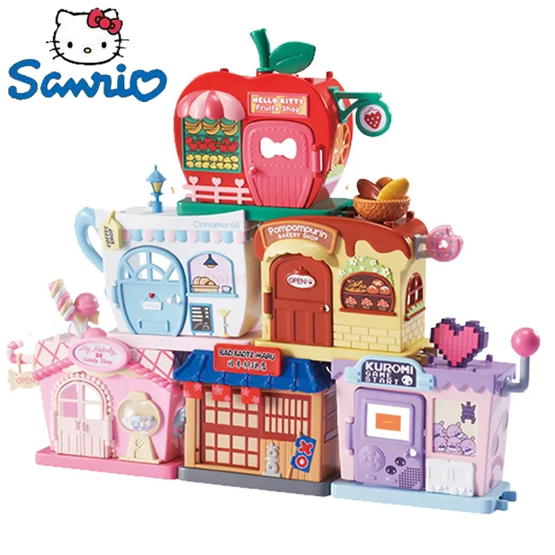 

Sanrio Cinnamoroll Hello Kitty Kuromi игровой домик, штабелируемые игрушки с изображением улицы, фигурка из аниме, детский подарок для игрового домика