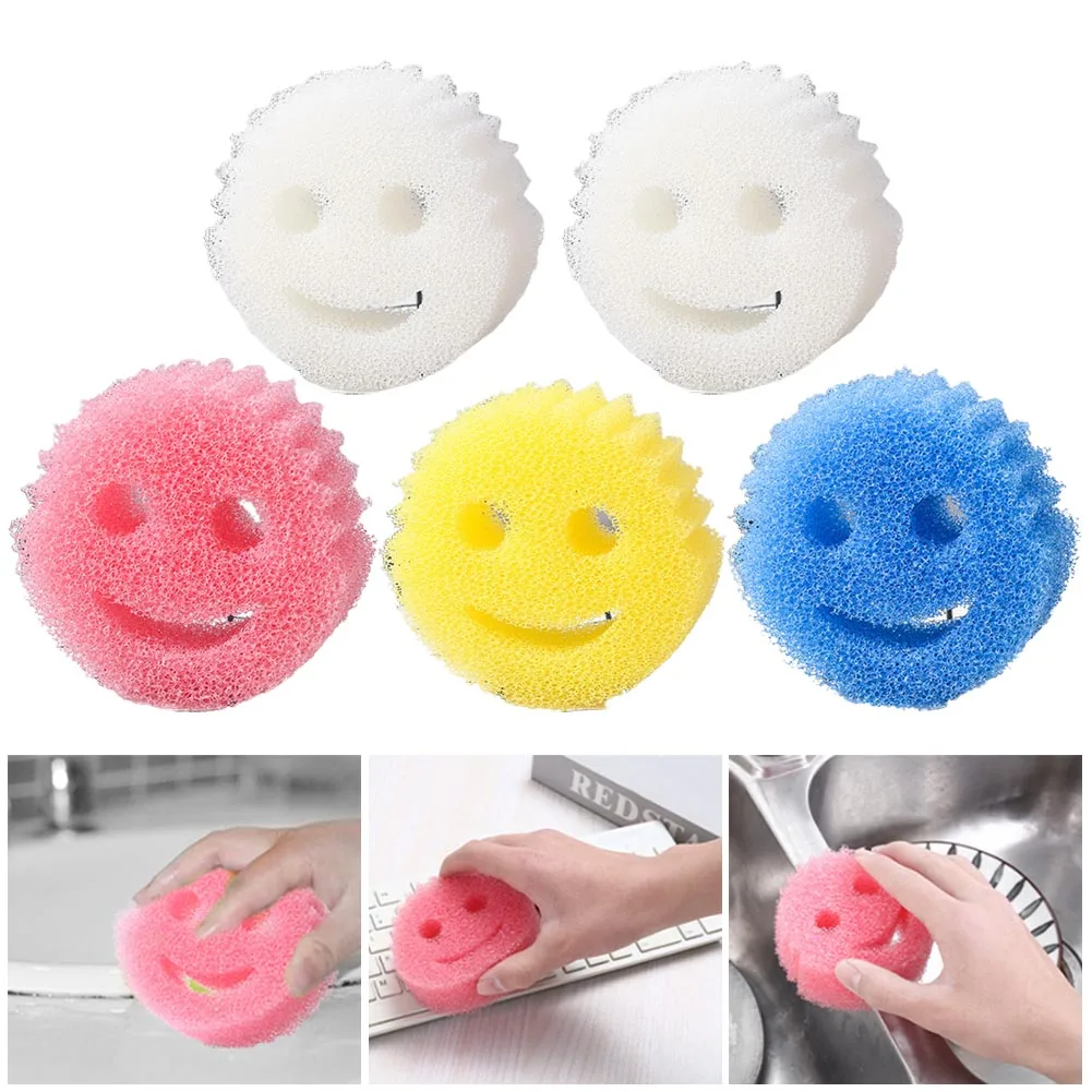 

5pc Smile Magic Dishwashing Sponge Cleaning Wipe Strong Scouring Pad For Kitchen Bathroom Multi-functional Cleaning Sponge