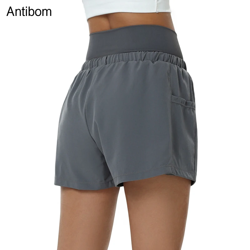 Antibom 2 In 1 Yoga Shorts Women's High Waist Pocket Fitness Running Sportswear Female Loose Quick-drying Anti-glare Summer