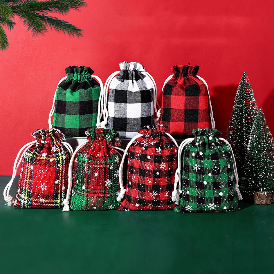 

5pcs/Lot Christmas Drawstring Bag Snowflake Plaid Candy Gift Bag Jewelry Packaging Bag Storage Bag Cute Merry Xmas Cotton Pouch