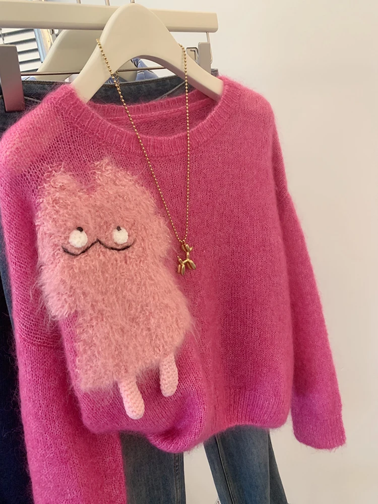 Нежный ветер малиновый розовый пуловер женский свитер на осень и зиму 2024 новая