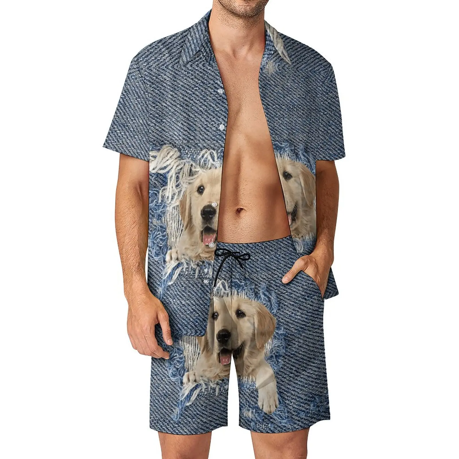 

2 Pieces Pantdress Golden Retriever in Denim top Quality Men's Beach Suit Funny Beach USA Size