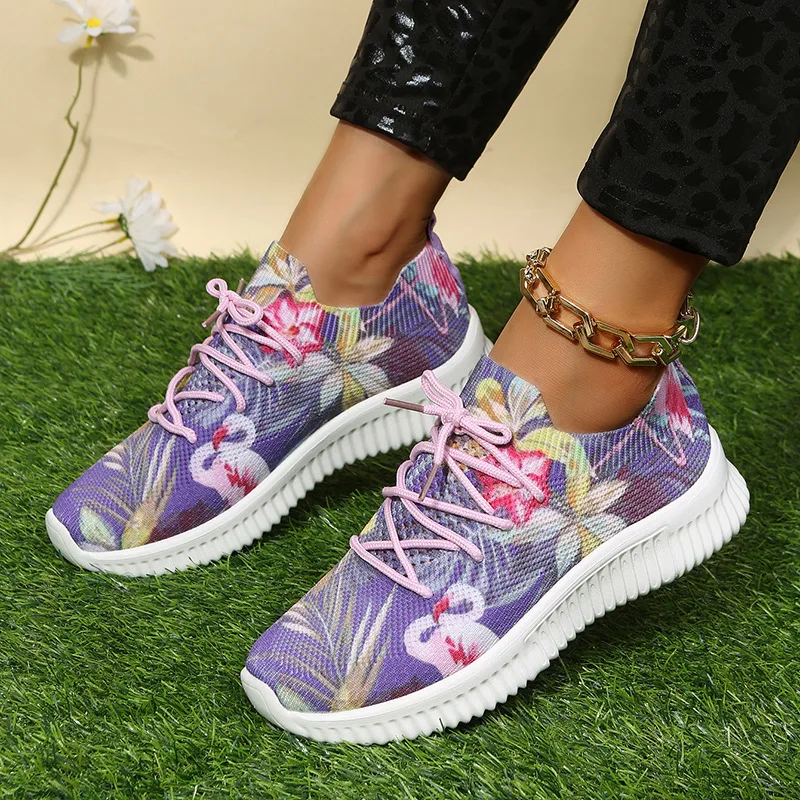 

Print Sneakers Women Flower Lace-Up Casual Footwear Outdoor Light Breathable Running Shoes Cozy Size 43 Walking Vulcanized Shoes