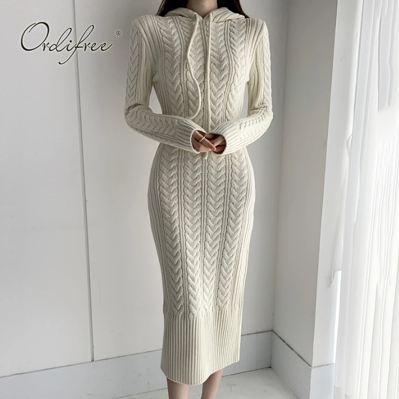 

Ordifree 2022 Autumn Winter Women Knitted Dress Thick Warm Basic Dresses White Sexy Bodycon Casual Hooded Sweater Dress