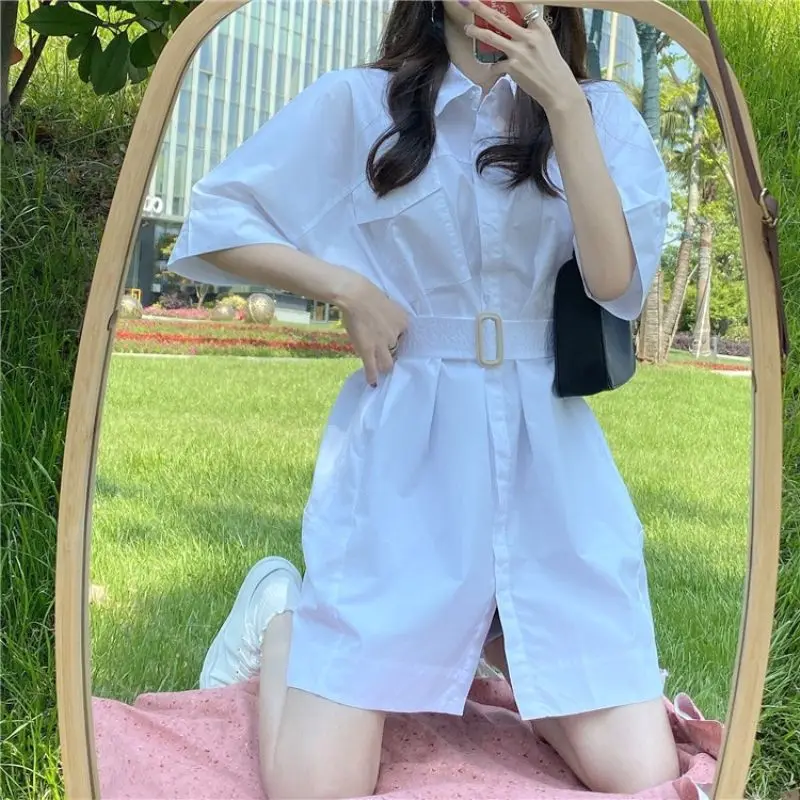 

Женские платья 2023, летние белые платья, рубашка, свободное Повседневное платье с лацканами и высокой талией, элегантное корейское мини-плат...