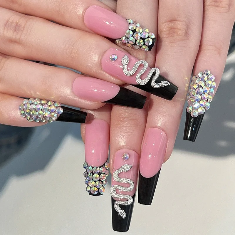 

24pcs New Pink black press on nails luxury Snake 3D Glitter Rhinestones long ballet coffin fake nails with glue crystal diamond