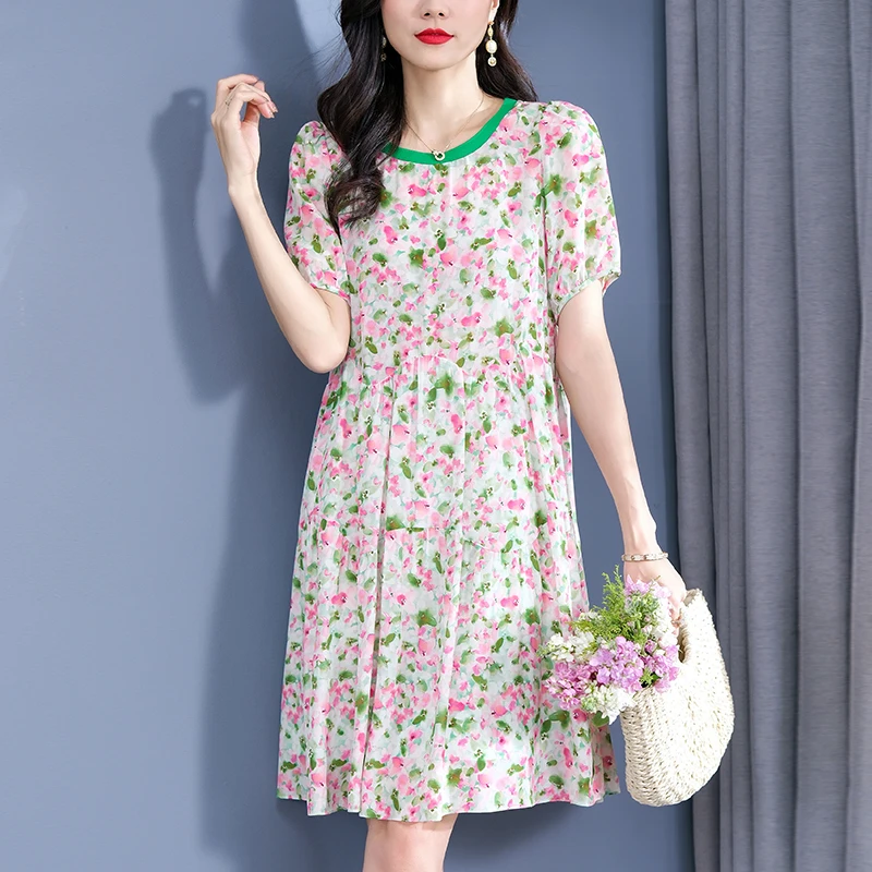 

100% Real Silk Summer Dresses For Women 2023 Elegant Fashion Short Sleeve Women Floral Print Dress A-line Woman Casual Dress