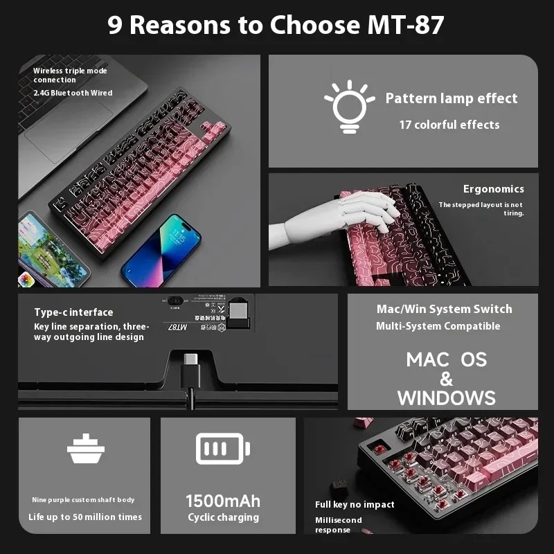EWEADN MT87 Механическая клавиатура трехрежимная Bluetooth беспроводная проводная белая