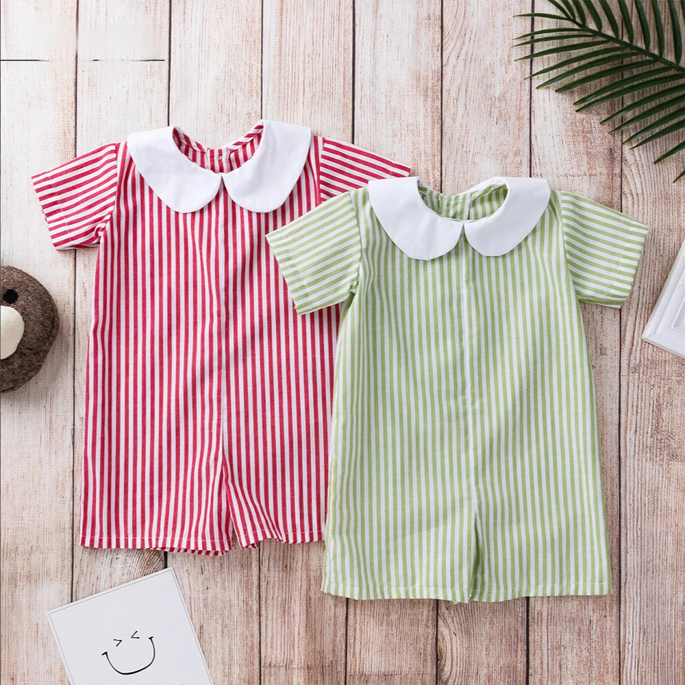 

Girls Doll collar Jumpsuit 2022 Summer New Children's Clothing 0-3 Years Old Infant Short-sleeved Striped Romper