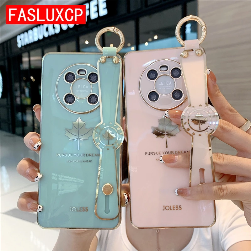 

P20 P30 P40 Pro Lite Case Luxury Electroplated Maple Wrist Strap Soft Cover for Huawei Mate 40 20 Pro Honor 20 30 50 9X Nova 5T