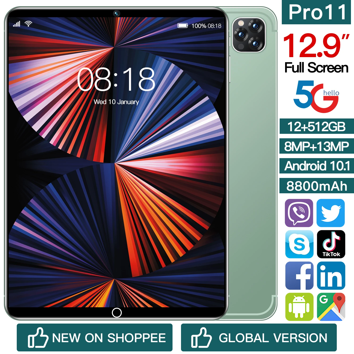 

Планшет с 10,1-дюймовым дисплеем, Android 10, 2 Sim-карты, 12,9 мАч