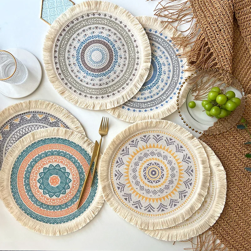 Inyahome Mandala Boho Table Mats Natural Jute Placemats for Kitchen Table Round Burlap Place Mats with Tassels for Wedding Party images - 6