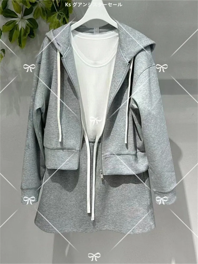 Maituya 2024 Autumn New Flower Clip Gray Zip-up All-Matching Hoodie Outerwear Skirt 4f820206