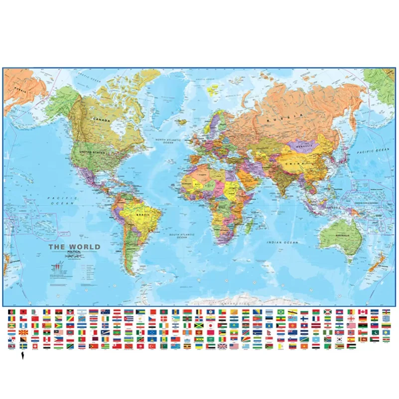 Фото Декоративная карта мира 36x24 дюйма с флагами, детализированный постер, настенное искусство, подарки для путешественников, печать на холсте для дома, офиса, класса №2
