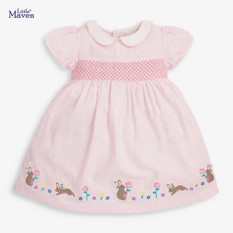 

Little maven Children Summer Baby Girl Clothes Toddler Bunny Flower Applique Cotton Vestido Pink Dress for Kids 2 3 4 5 6 7 Year