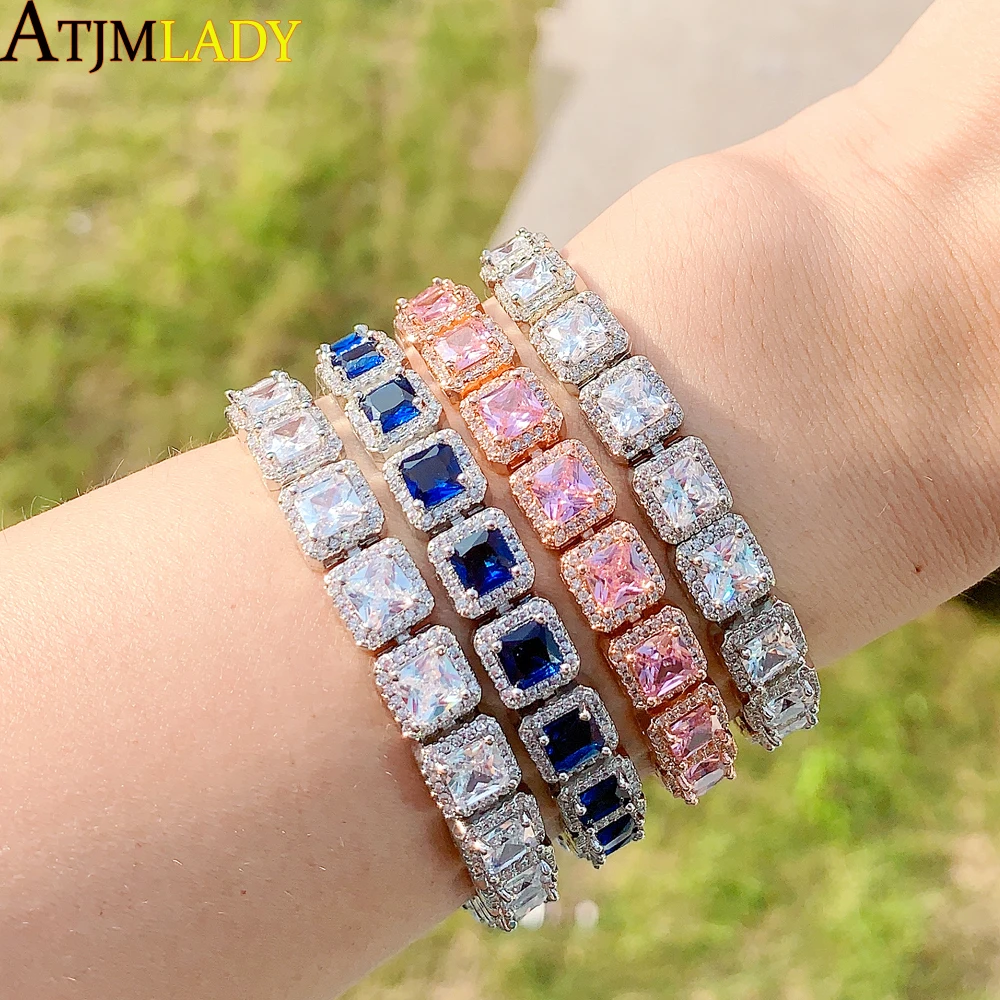 

Geometric Blue White Cubic Zirconia 5A Square CZ Cluster Tennis Chain Bracelet Classic Fashion Women Iced Out Bling Jewelry