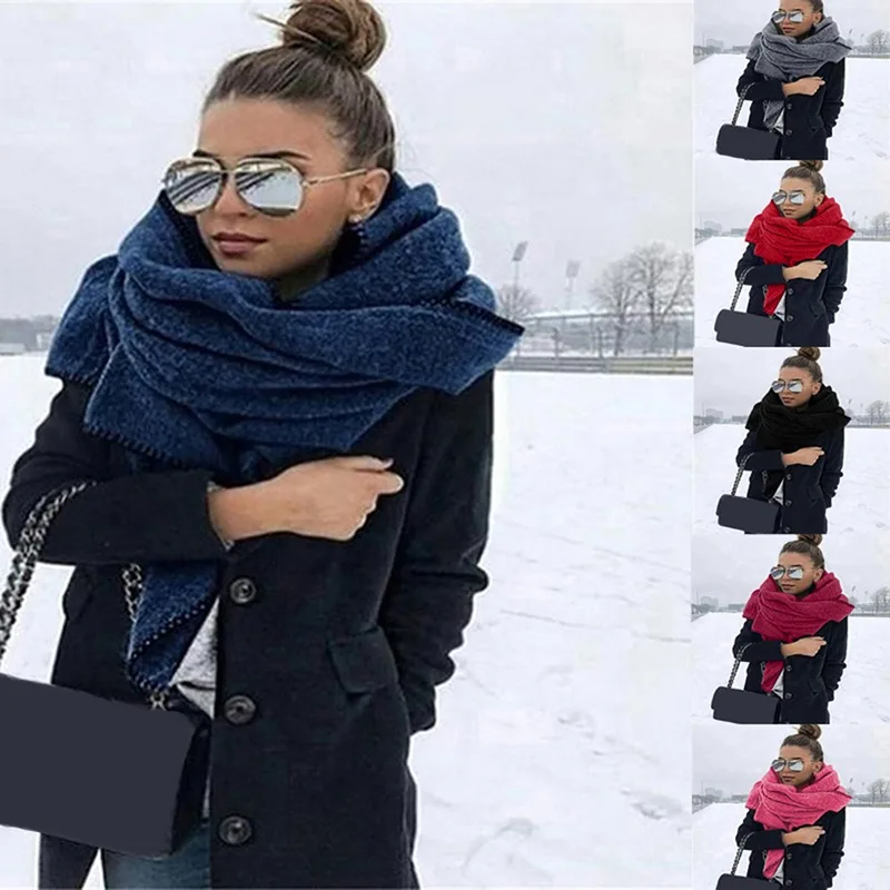 

New Fashion Thick Warm Scarf For Women Pure Color Ladies Imitation Cashmere Black Scarf Female Winter To Increase Shawl