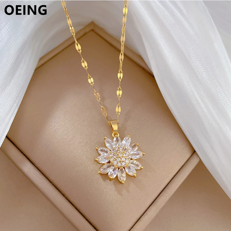 

OEING 316L Stainless Steel Luxury Jewelry Full AAA Zirconia Flower Pendant Necklace For Women Girl Tempermant Clavicle Chain