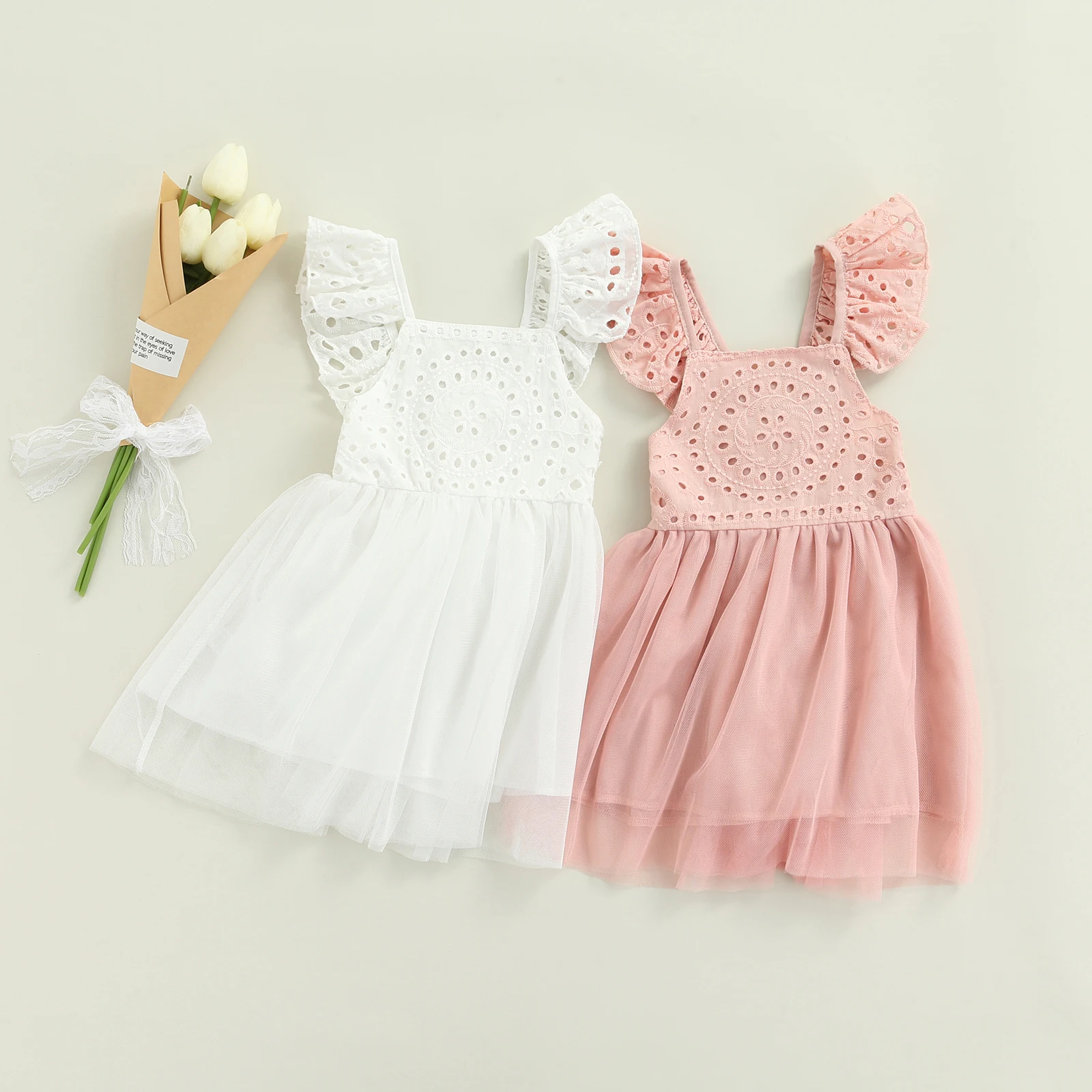 

Infant Kids Lace Tutu Dress, Baby Girls Solid Color Fly Sleeve V-Neck Patchwork 100% Cotton Gown (White, Pink) 1-5T