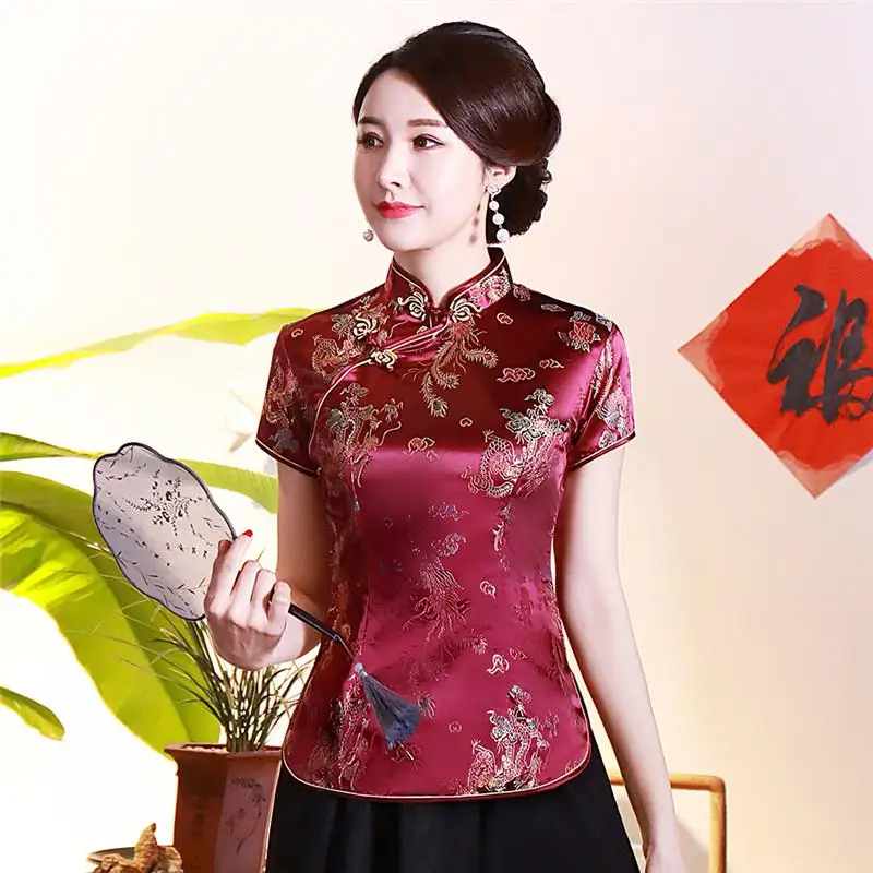 Burgundy Chinese Satin Rayon Tang Clothing Dragon Phoenix Women Shirt Tops V-Neck Blouse Vintage Han Fu Top PLUS SIZE 3XL 4XL