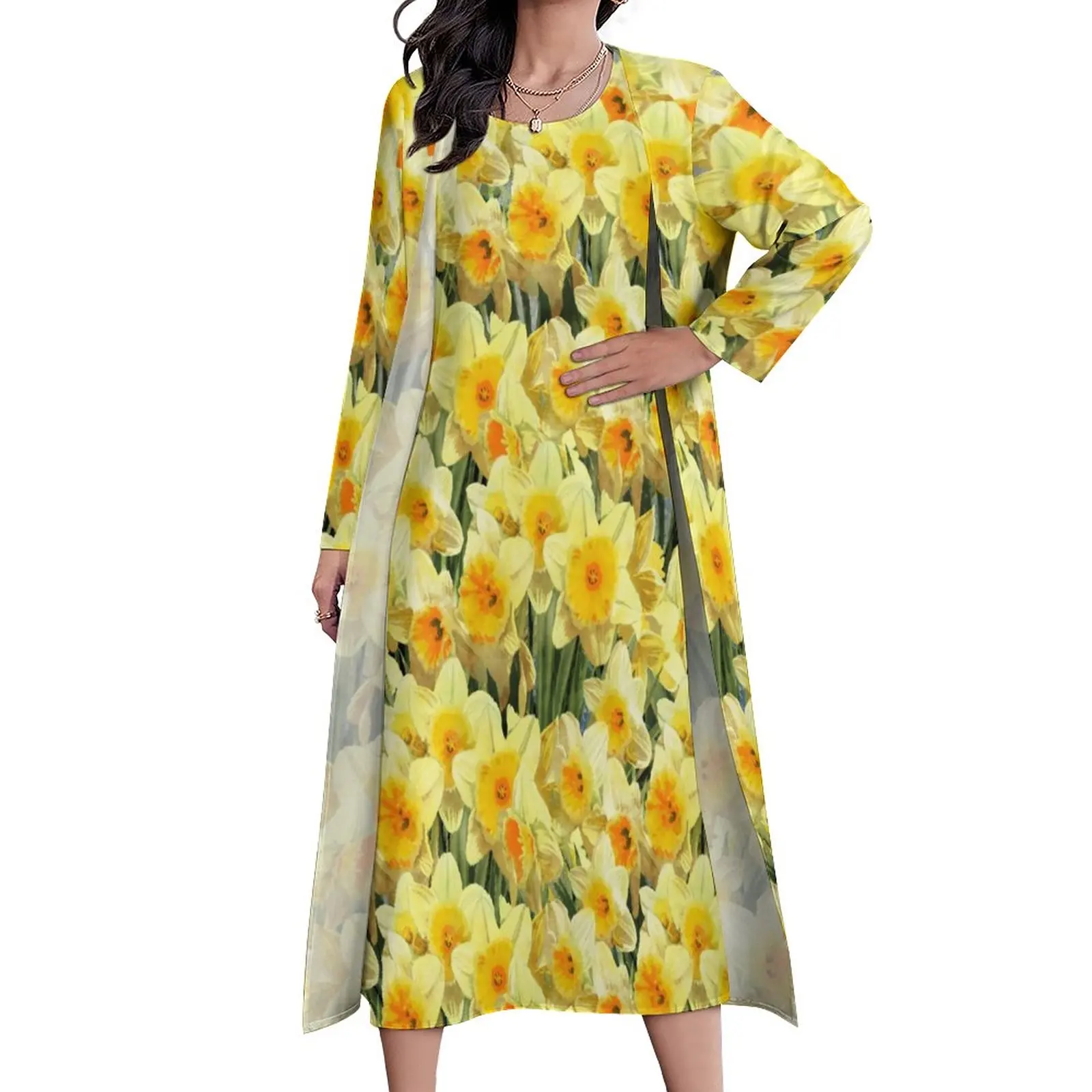 

Elegant Flower Print Dress Yellow Daffodil Sexy Maxi Dress Street Fashion Boho Beach Long Dresses Lady Graphic Oversized Clothes