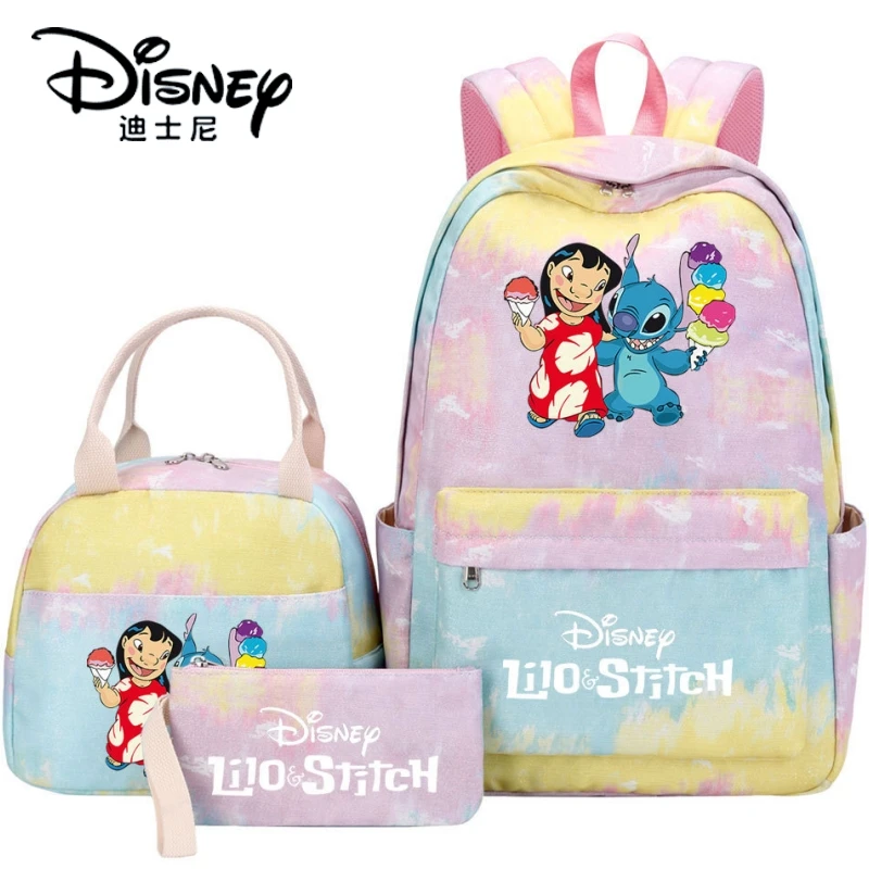 

New Kawaii Disney Stitch Girl Kids Pen Lunch Bags Rainbow Galaxy Bookbags 3pcs Women Teenagers Schoolbags Travel Backpack Gift