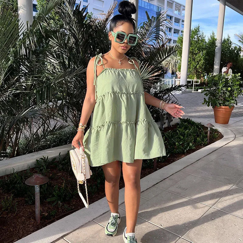 

Уличная одежда, повседневное летнее платье, женские свободные мини-платья а-силуэта на бретелях-спагетти с оборками на подоле, праздничное ...