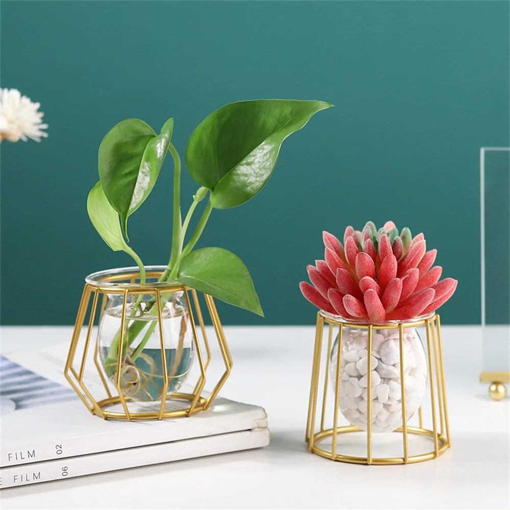 

Handicrafts Plant Vase Robust Metal Frame Transparent Garden Decoration Metal Glass Plating Geometry Hydroponic Plant Vase Art