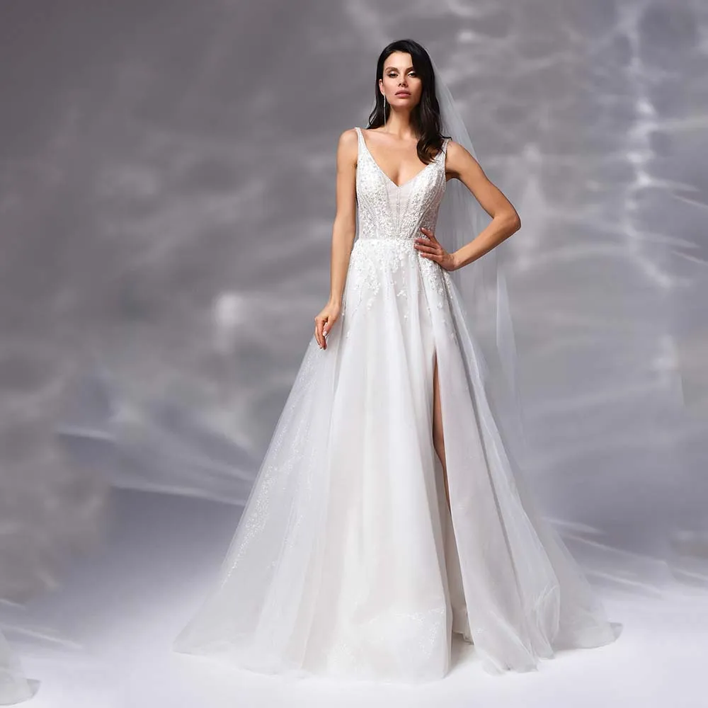 

Elegant Wedding Gowns 2022 New Lace Appliques Beaded Bride Dress Sexy V-Neck High Side Slit Tulle A-Line Bride Dress For Women
